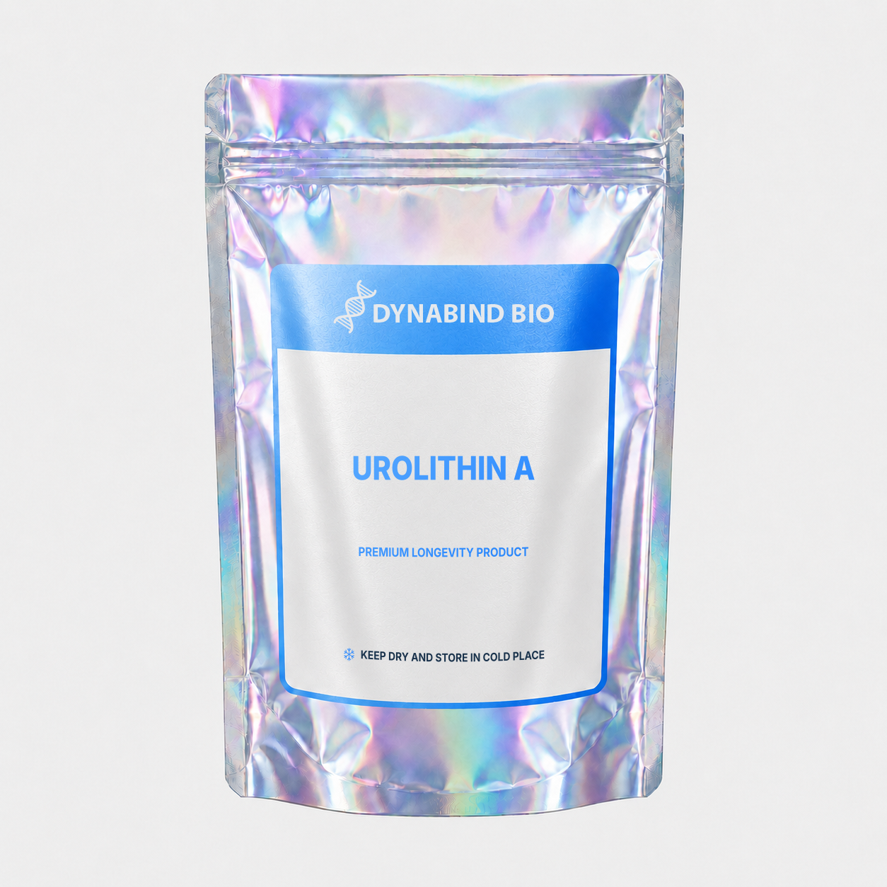 Urolithin A supplement pouch for mitophagy, mitochondrial quality control and muscle-function research by DynaBind Bio